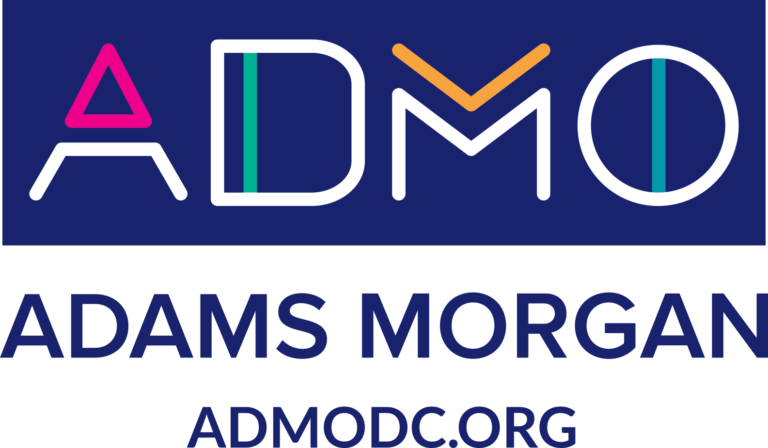 Logo with stylized letters "ADMO" in bright colors above the text "ADAMS MORGAN" and "ADMODC.ORG" on a blue and white background.