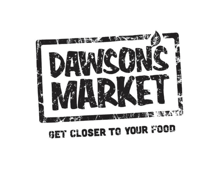 A distressed black and white logo for Dawson's Market with the slogan "Get closer to your food" beneath the main text. The letters have a rugged, textured appearance.