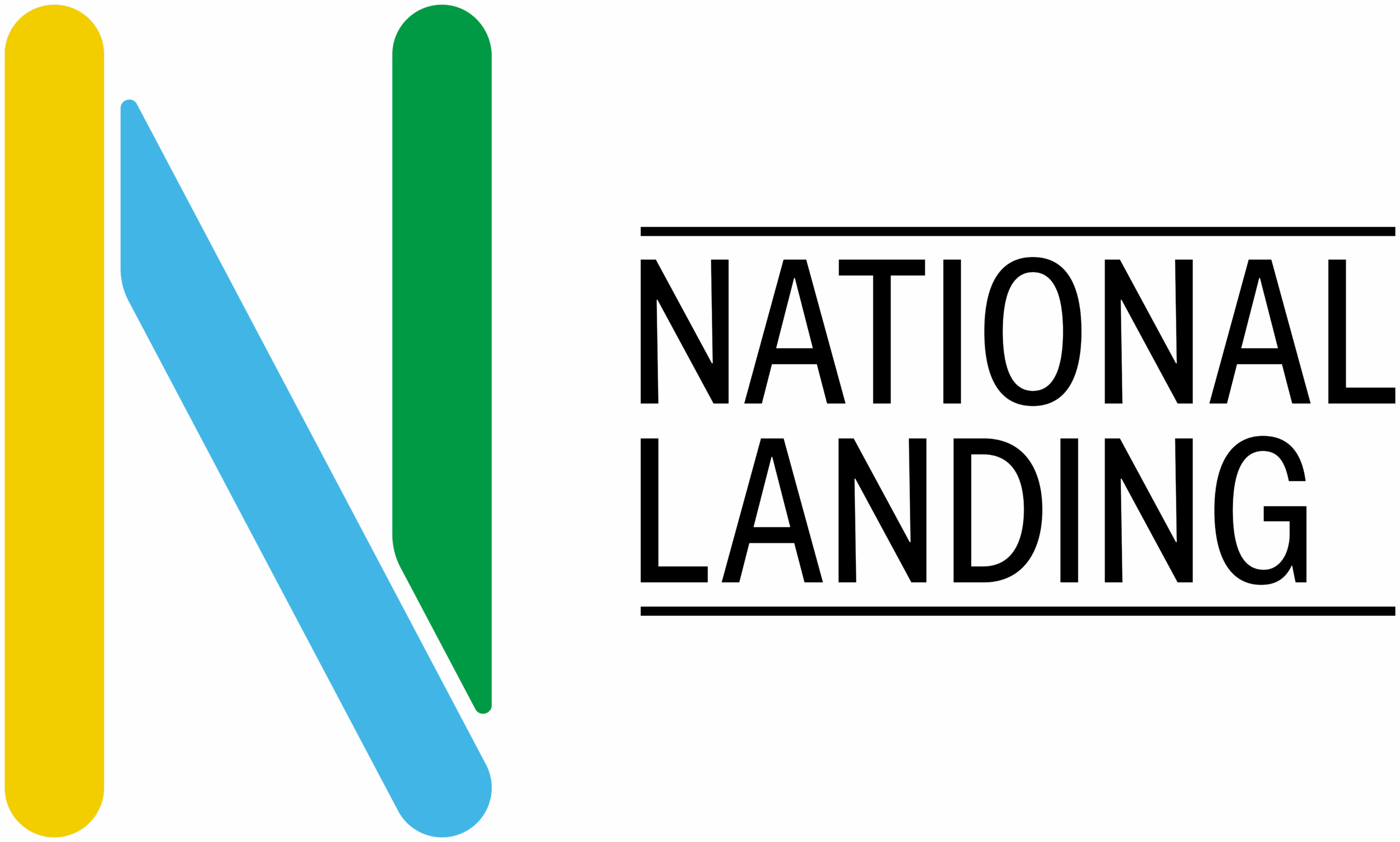 Logo for "National Landing" featuring a stylized "N" made of yellow, blue, and green vertical shapes, with the words "NATIONAL LANDING" in bold, black letters to the right.