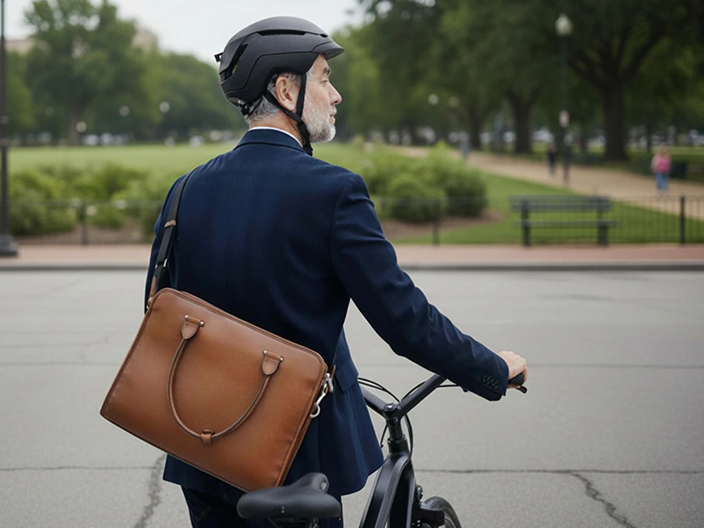 A man in a navy suit and helmet stands beside a bicycle, carrying a brown leather briefcase over his shoulder, with a park and trees in the background.