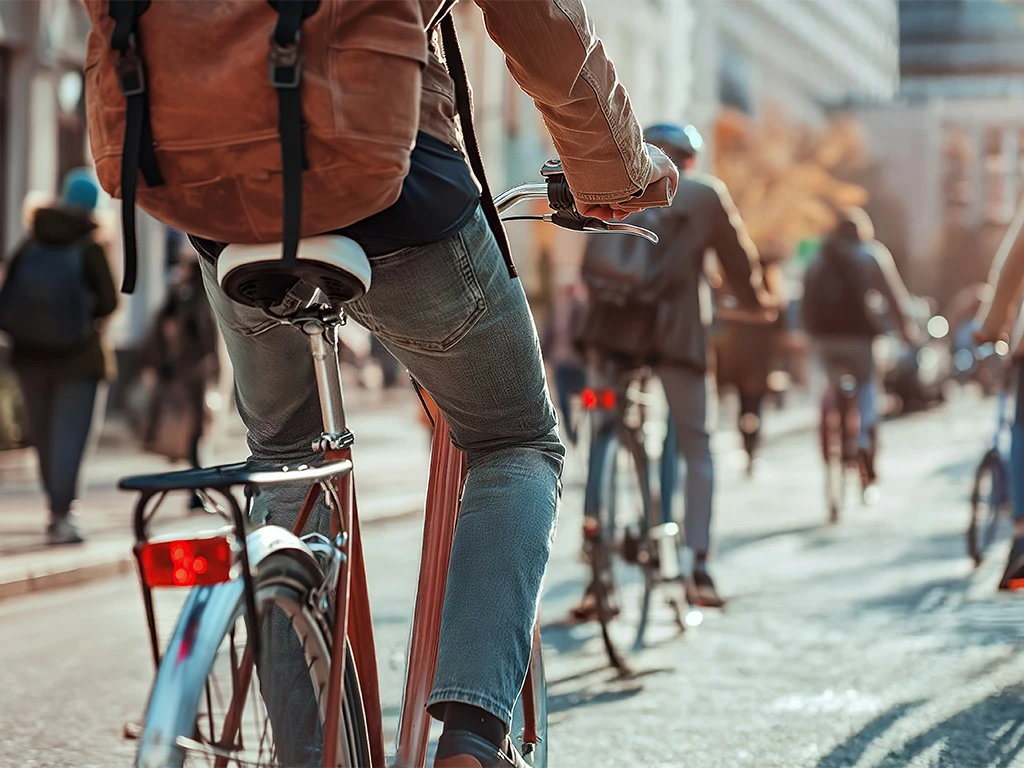 A group of people ride bicycles down a city street. The focus is on one cyclist wearing jeans, a brown jacket, and a backpack. Buildings and more cyclists appear in the background under daylight.