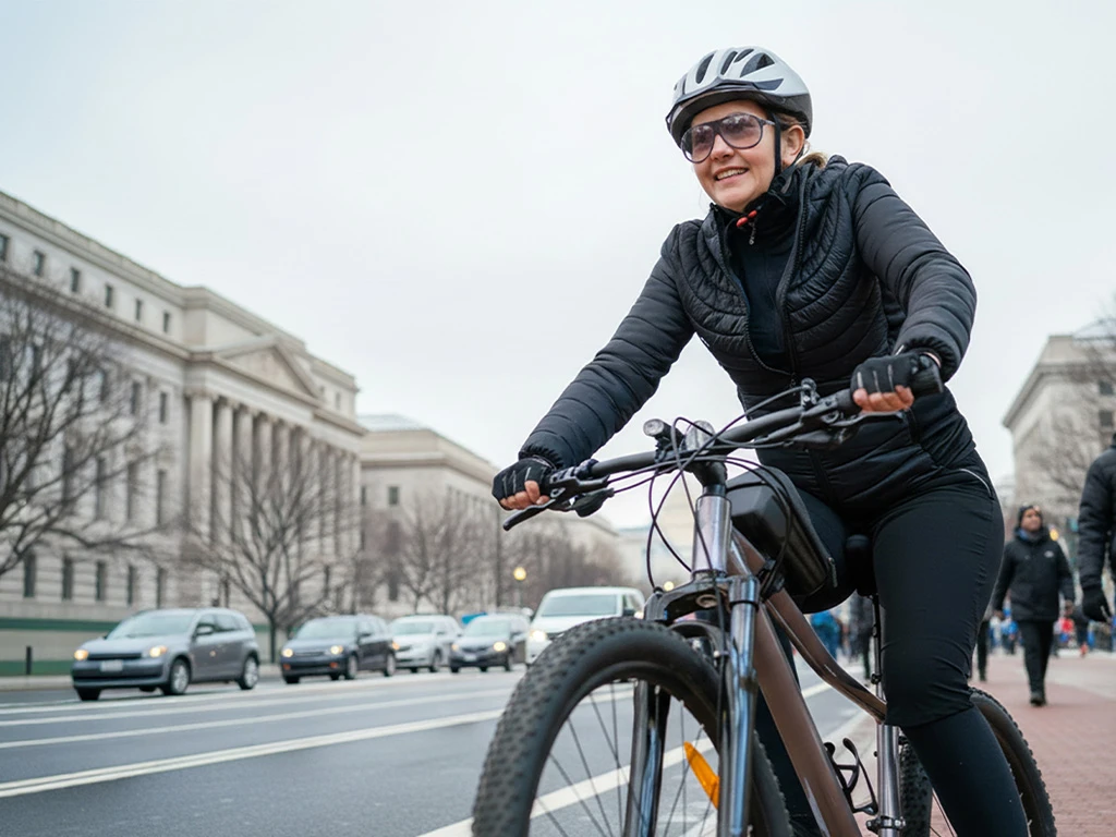 A person wearing a helmet, sunglasses, and a black jacket rides a bicycle on a city street, with cars and pedestrians in the background and large buildings lining the road.
