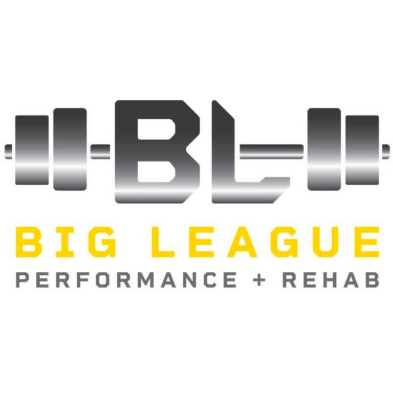 Logo for "Big League Performance + Rehab" featuring stylized letters "BL" that resemble a barbell, with "BIG LEAGUE" in bold yellow and "PERFORMANCE + REHAB" in smaller gray text below.