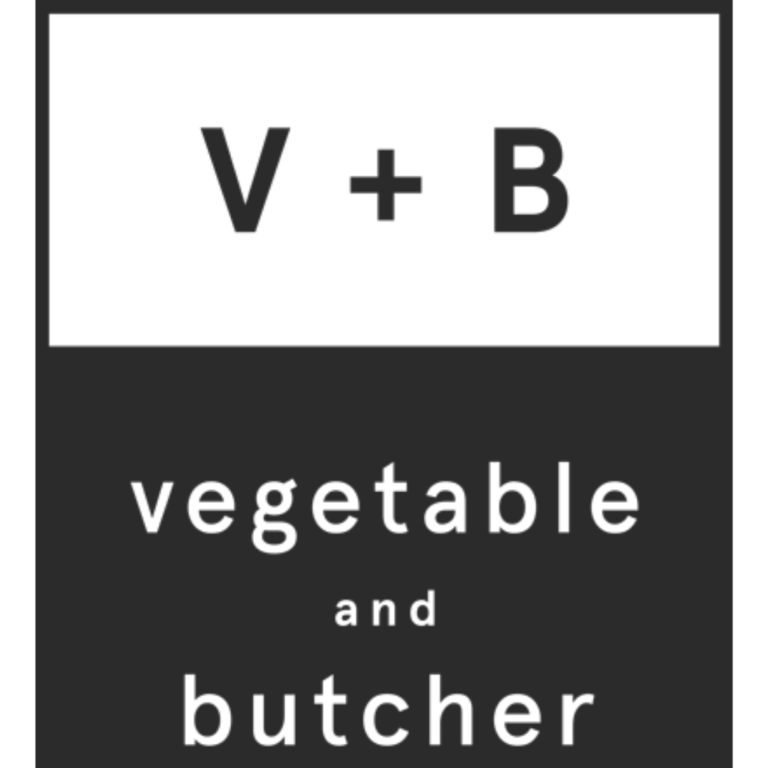Logo with "V + B" in a white rectangle above the words "vegetable and butcher" in lowercase letters on a black background.