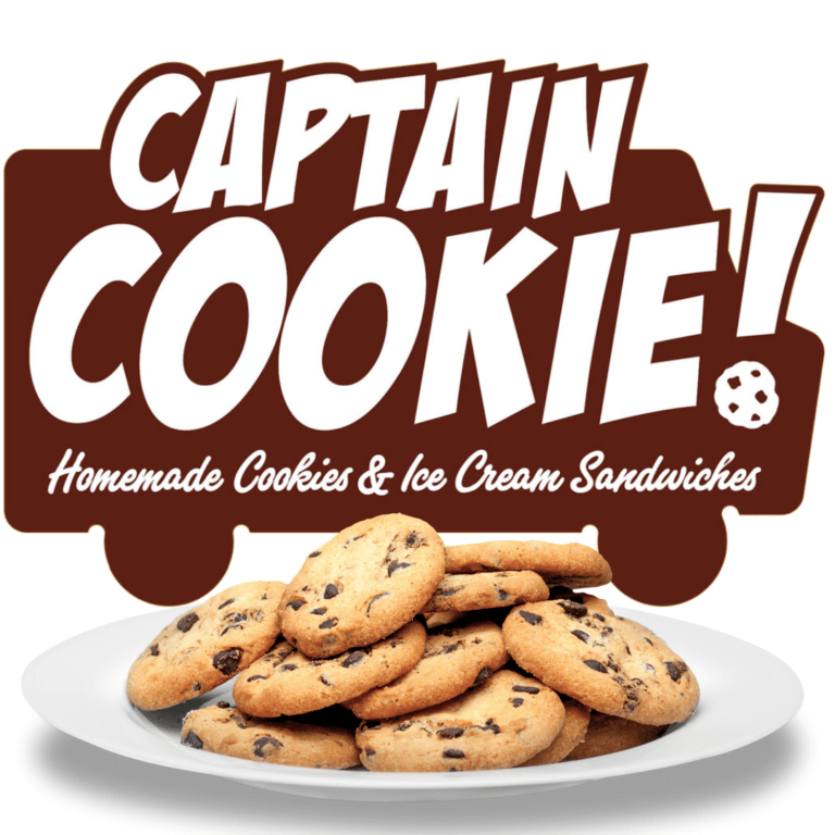 A plate of chocolate chip cookies sits in front of a sign that reads "Captain Cookie! Homemade Cookies & Ice Cream Sandwiches," with a cookie graphic replacing the letter "O" in "COOKIE.