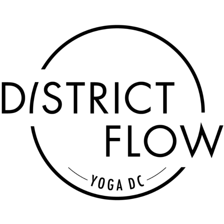 Black and white logo with the words "District Flow" in large letters, partially enclosed by a circular line; "Yoga DC" appears in smaller text at the bottom inside the circle.