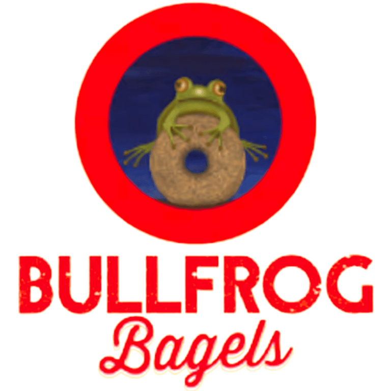 Logo for Bullfrog Bagels featuring a cartoon frog clutching a bagel inside a red circle, with the text "BULLFROG Bagels" below in bold red and cursive red letters.