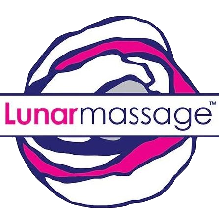 Logo for Lunar Massage featuring a stylized, circular, abstract design in white, navy blue, and pink. The text "Lunarmassage" appears across the center, with "Lunar" in pink and "massage" in navy.