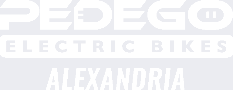 Logo for Pedego Electric Bikes Alexandria, with stylized text and an electric plug icon in the word "Pedego.