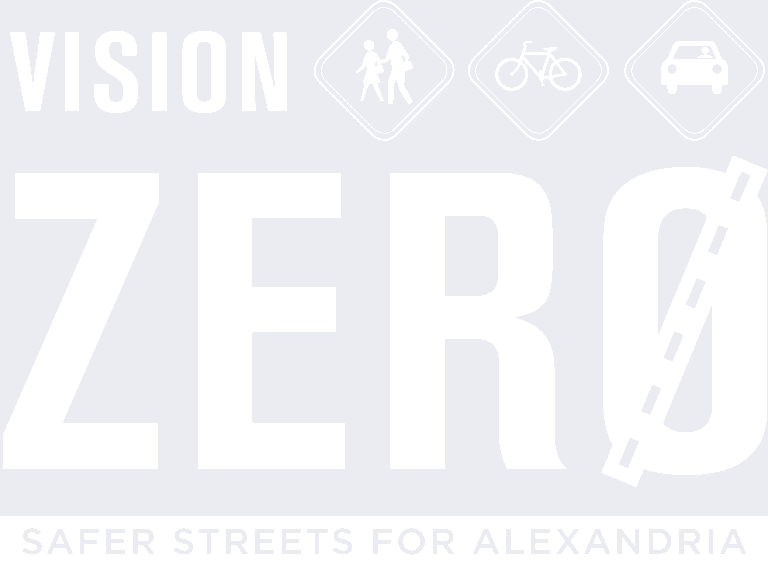 White graphic with "Vision Zero" in large letters, icons of pedestrians, a bike, and a car above, and "Safer Streets for Alexandria" below, emphasizing road safety.