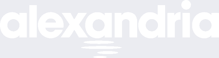 The image features the word "alexandria" in lowercase white letters on a light gray background, with a series of white, ripple-like ovals beneath the text.