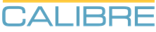 The image shows the word "CALIBRE" in large, light blue capital letters with a thin yellow line above the text on a light background.