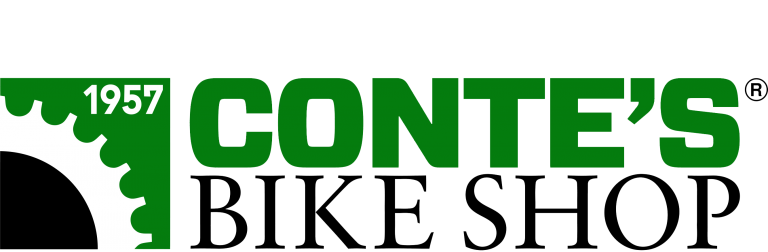 Logo for Conte’s Bike Shop featuring a partial bicycle chainring with "1957" in white on a green background, and the words "CONTE’S BIKE SHOP" in bold green and black text.