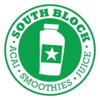 Green and white circular logo for South Block, featuring a bottle with a star in the center. Text around the circle reads “South Block Acai Smoothies Juice.”.