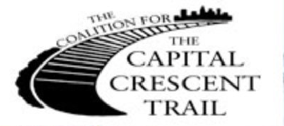 Logo for the Coalition for the Capital Crescent Trail, featuring a railway track curving toward a city skyline, with the organization's name written in bold letters beside and within the track.