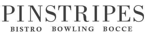 The image displays the Pinstripes logo with the words "Bistro", "Bowling", and "Bocce" written underneath in uppercase letters.