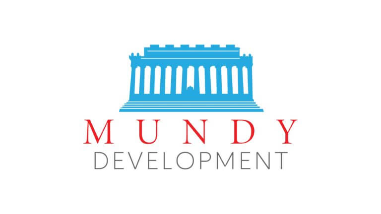 A blue stylized building with columns sits above the words "Mundy Development," with "Mundy" in bold red letters and "Development" in gray capital letters on a white background.
