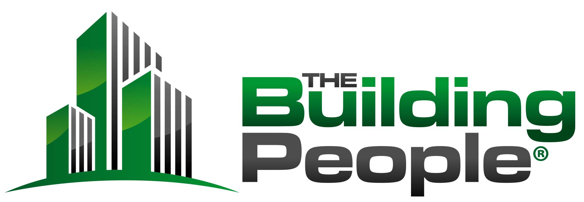 Logo for "The Building People" featuring stylized green and black buildings on the left and the company name in bold green and gray text on the right.