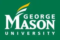 George Mason University logo featuring stylized white text on a green background, with a yellow and white flame design above the "M" in "Mason.