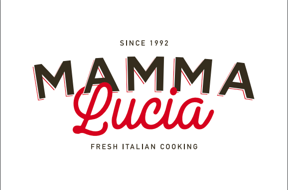 Logo for "Mamma Lucia" with "Since 1992" above, "Mamma" in bold black letters, "Lucia" in red script, and "Fresh Italian Cooking" below, all on a white background.