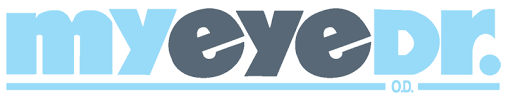 Logo for "myeyedr." in light blue and dark gray text, with a horizontal light blue line and the letters "O.D." beneath it on the right side.