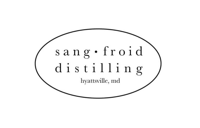 A simple oval logo with the text "sang • froid distilling" in lowercase, centered, and "hyattsville, md" below inside the oval. The design is minimalist with black text on a white background.